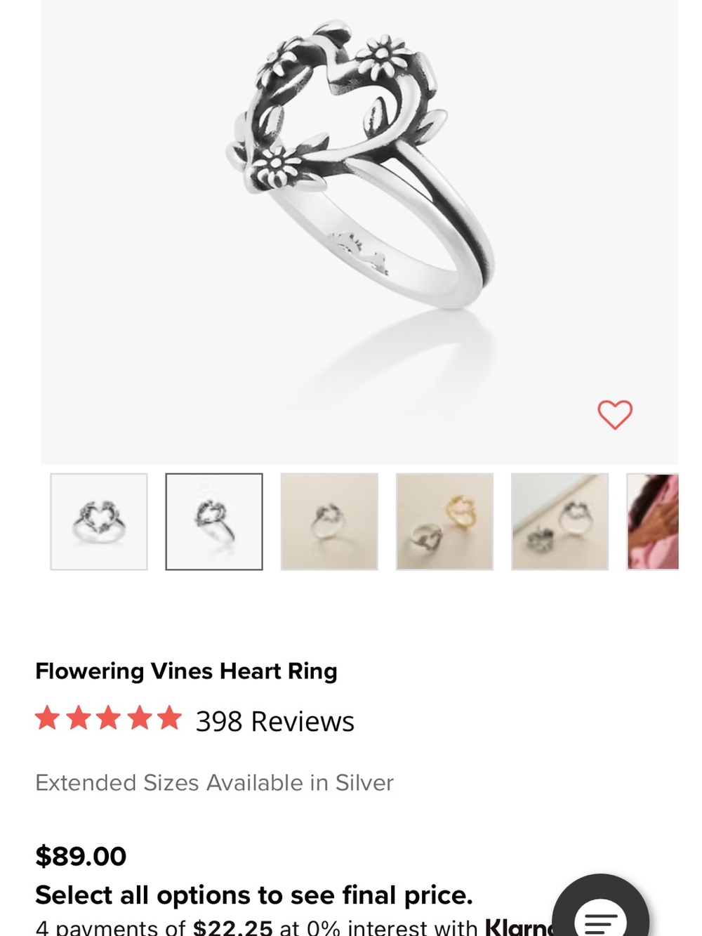 James Avery Silver Heart Vine Ring